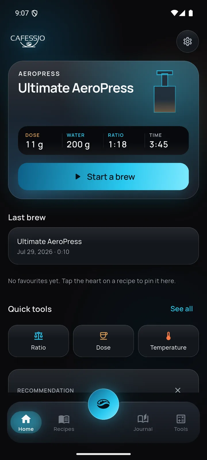 Pantalla de inicio de CAFESSIO con la receta Ultimate AeroPress y el botón para empezar la preparación.
