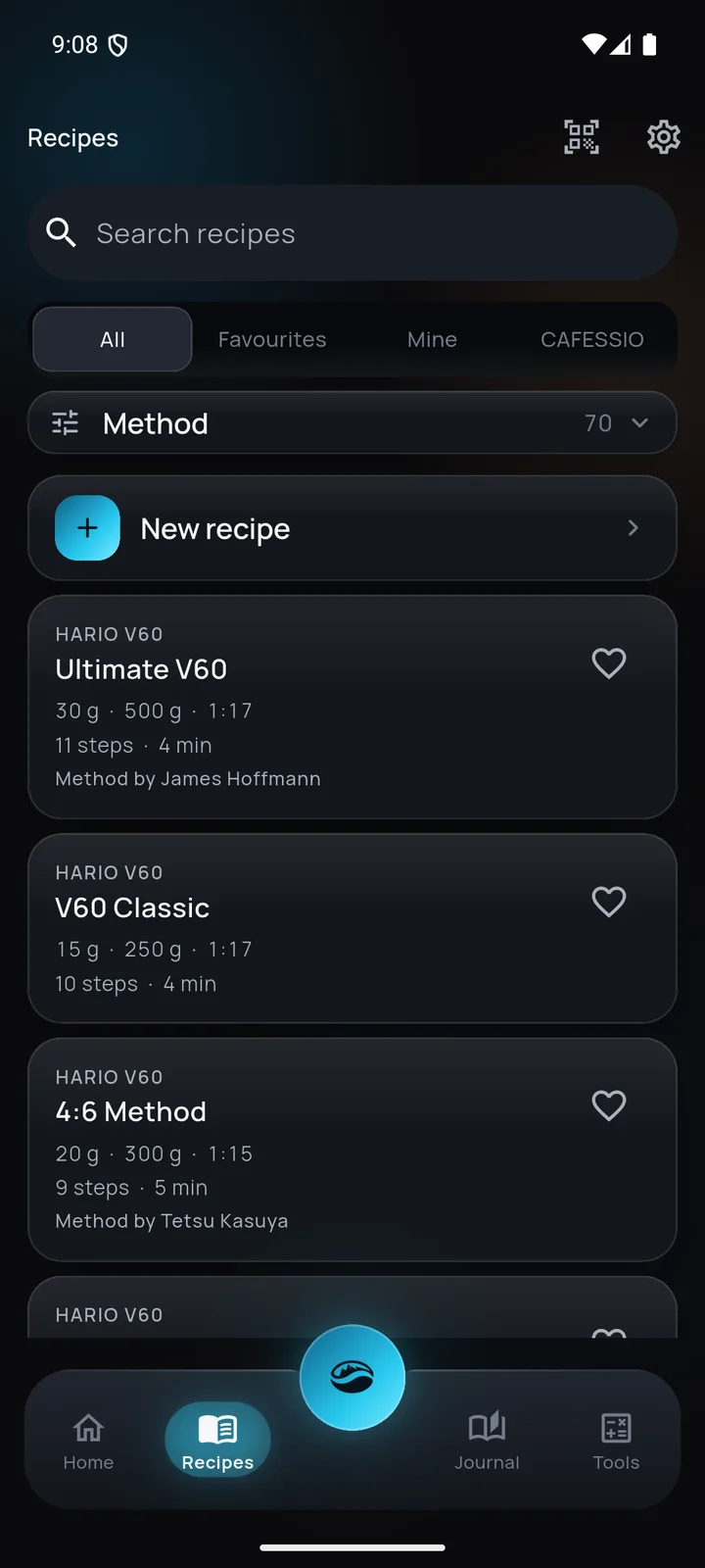 Lista de recetas de CAFESSIO filtrable por método, con las recetas Ultimate V60, V60 Classic y 4:6 Method.
