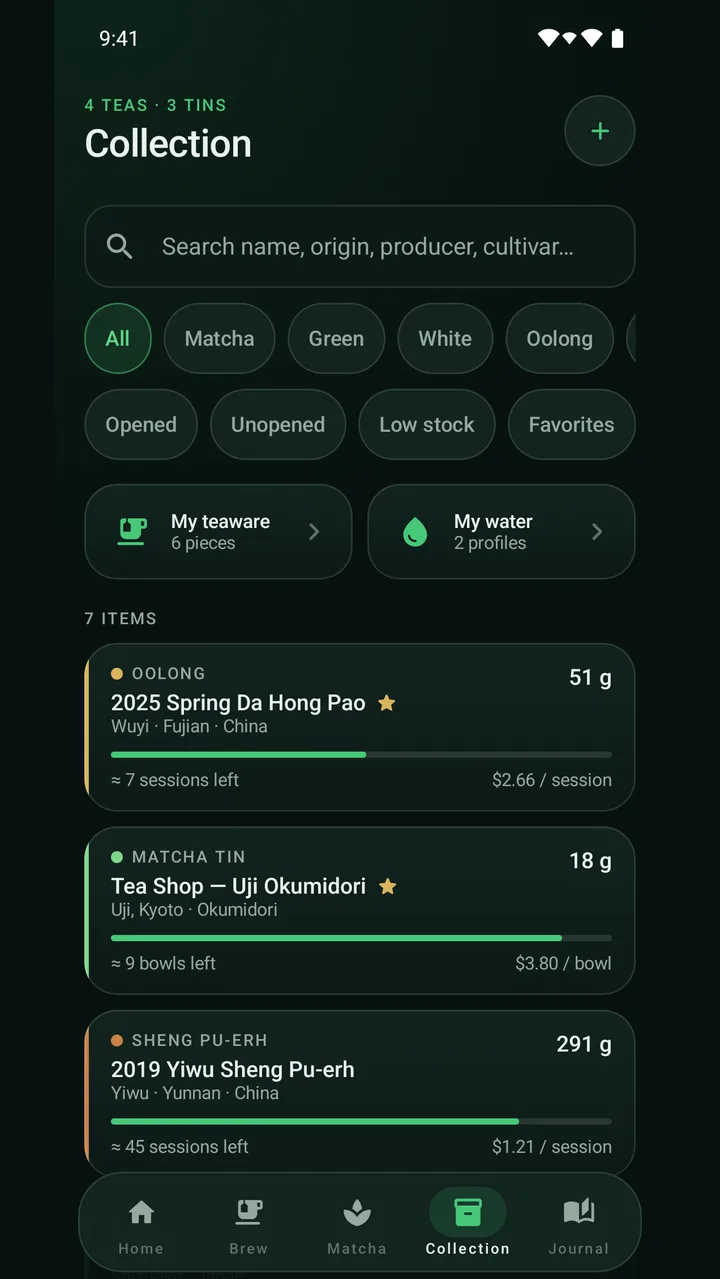 Colección con filtros por tipo y tres tés: un oolong, una lata de matcha y un pu-erh sheng, con gramos restantes y costo por sesión.