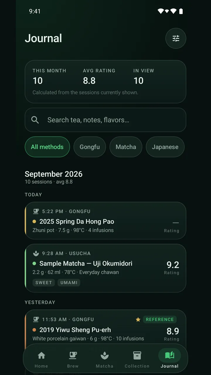Bitácora de sesiones de septiembre de 2026 con filtros por método y entradas de gongfu y usucha con su calificación.