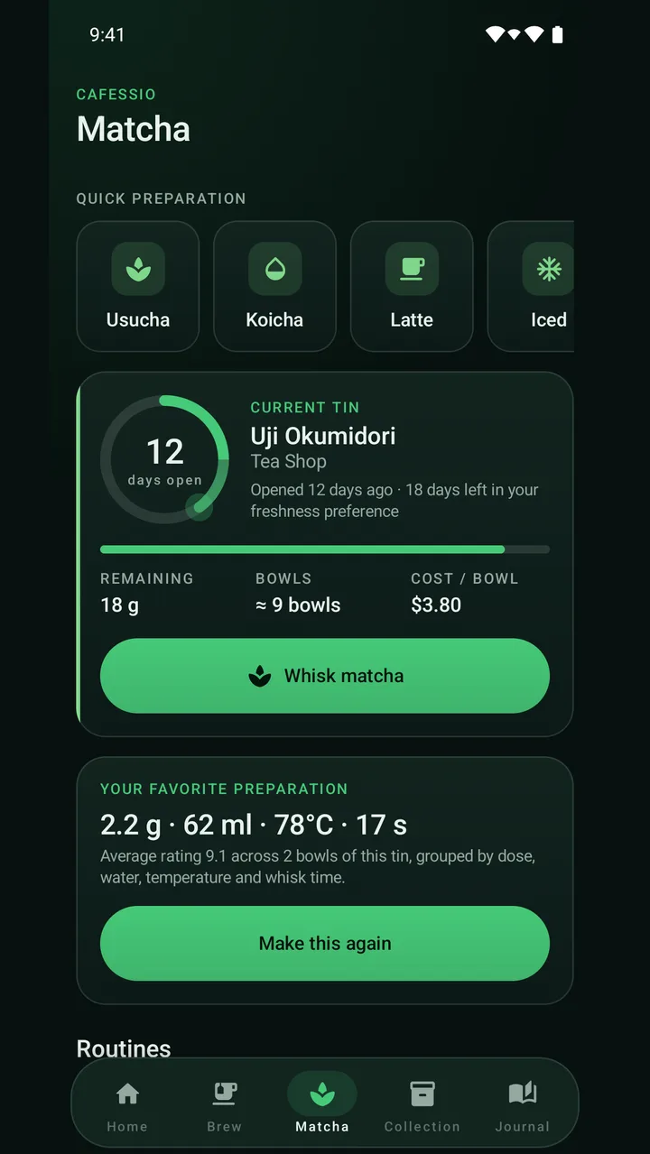 Pantalla de matcha con preparaciones rápidas y la lata actual: 18 g restantes, unos 9 tazones y costo por tazón.