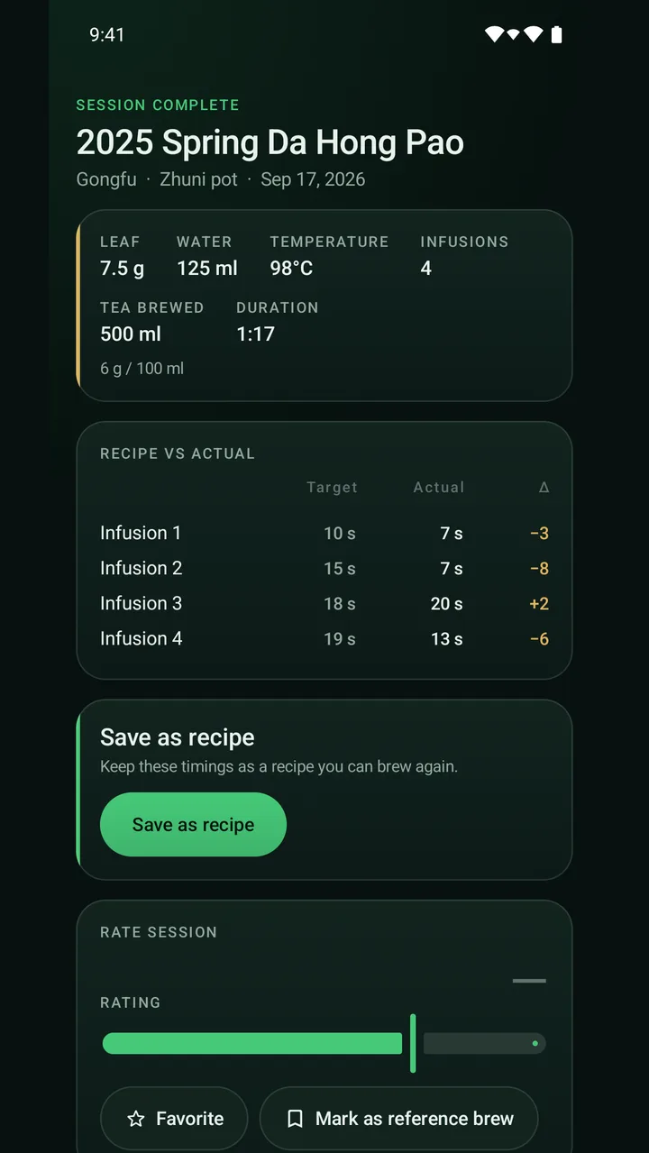Resumen de sesión con la tabla receta contra real de cuatro infusiones y los botones para guardar como receta y marcar como referencia.