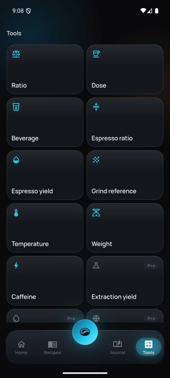 Cuadrícula de calculadoras de CAFESSIO: ratio, dosis, bebida, ratio de espresso, rendimiento y más.
