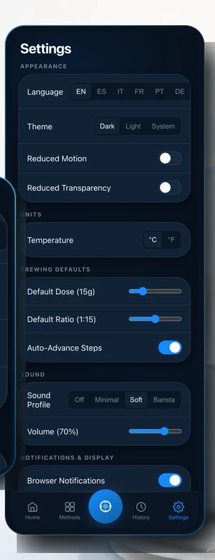 Pantalla de ajustes con selector de seis idiomas, tema, unidades, dosis y ratio por omisión y perfil de sonido.