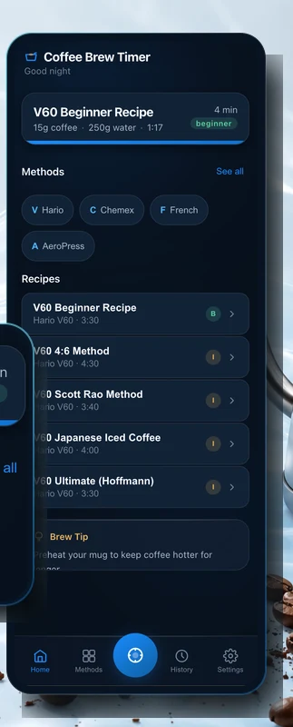 Panel lateral de Chrome con la pantalla de inicio de Coffee Brew Timer: receta reciente V60, métodos y lista de recetas.