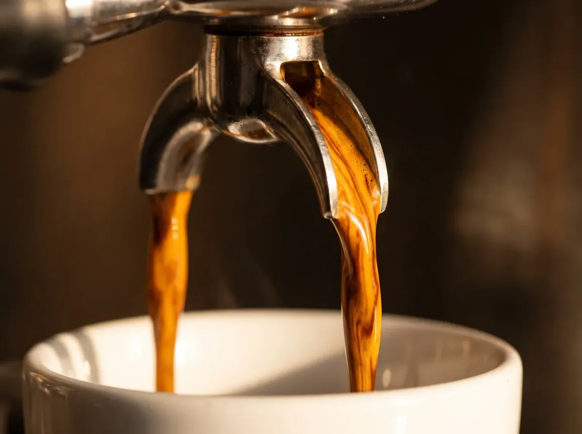 Pico doble de portafiltro con dos chorros veteados de espresso cayendo en una taza blanca