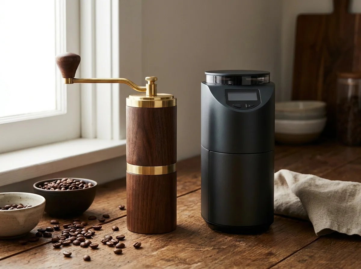 Molino manual de madera y latón junto a un molino eléctrico negro, a la misma escala sobre una mesa