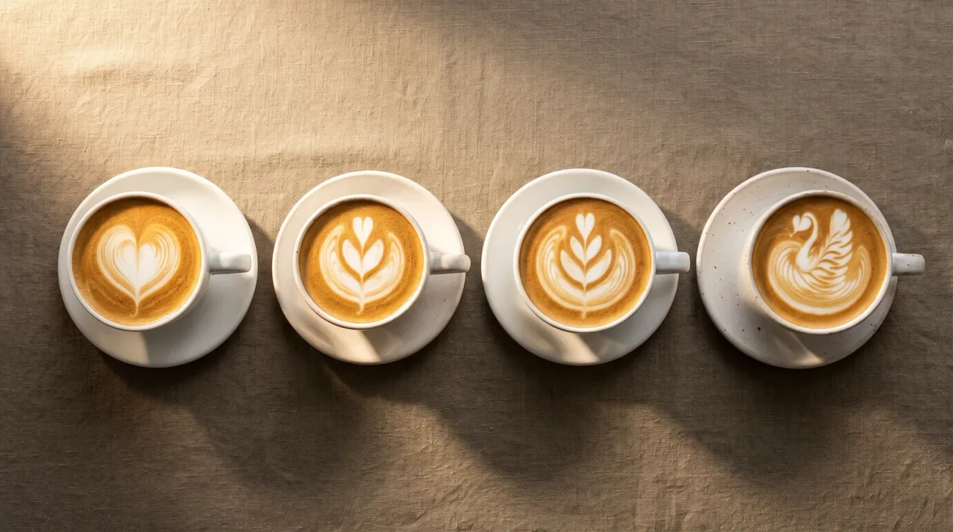 Cuatro tazas vistas desde arriba con arte latte distinto: corazón, tulipanes y cisne
