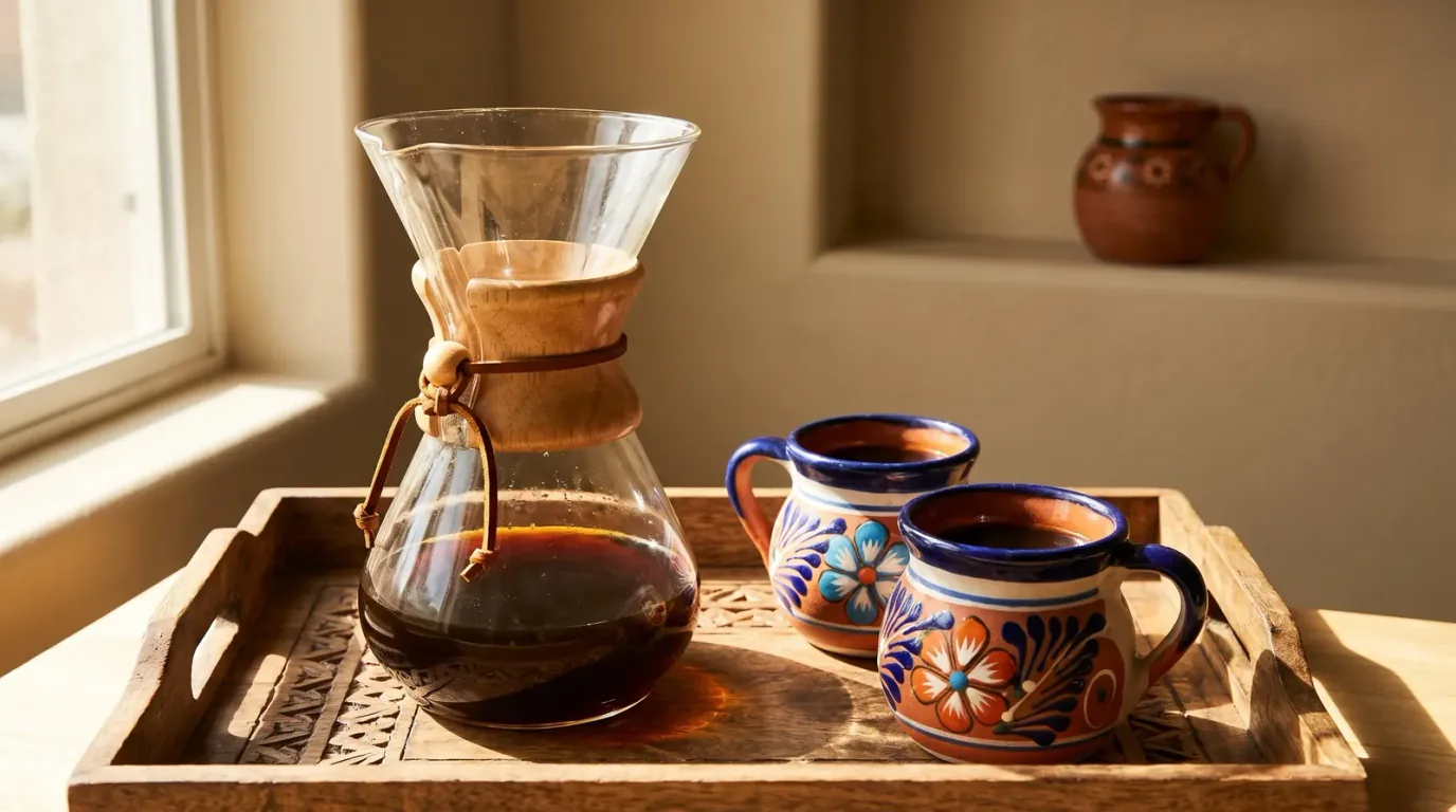 Chemex con café recién hecho y dos tazas de talavera sobre una charola de madera junto a la ventana