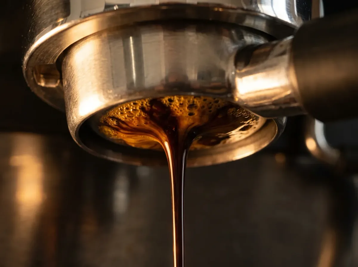 Portafiltro sin fondo visto desde abajo, con un chorro fino de café que cae desde la crema