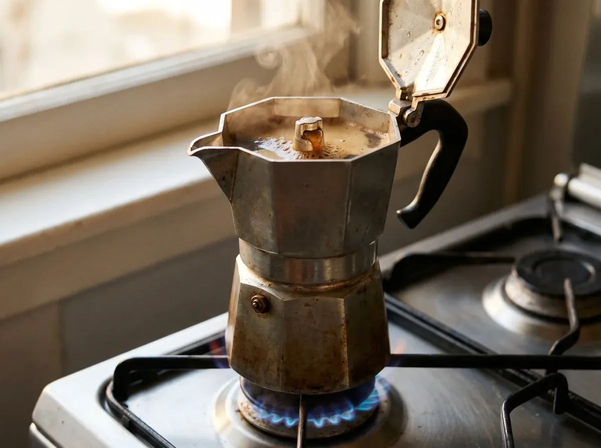 Cafetera moka con la tapa abierta mientras el café brota de la chimenea, sobre la flama azul de una estufa