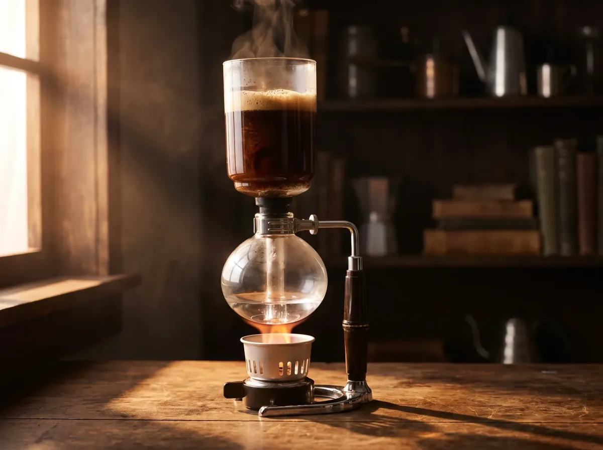 Cafetera de sifón en plena extracción, con el café en la cámara superior y la llama bajo el globo de vidrio