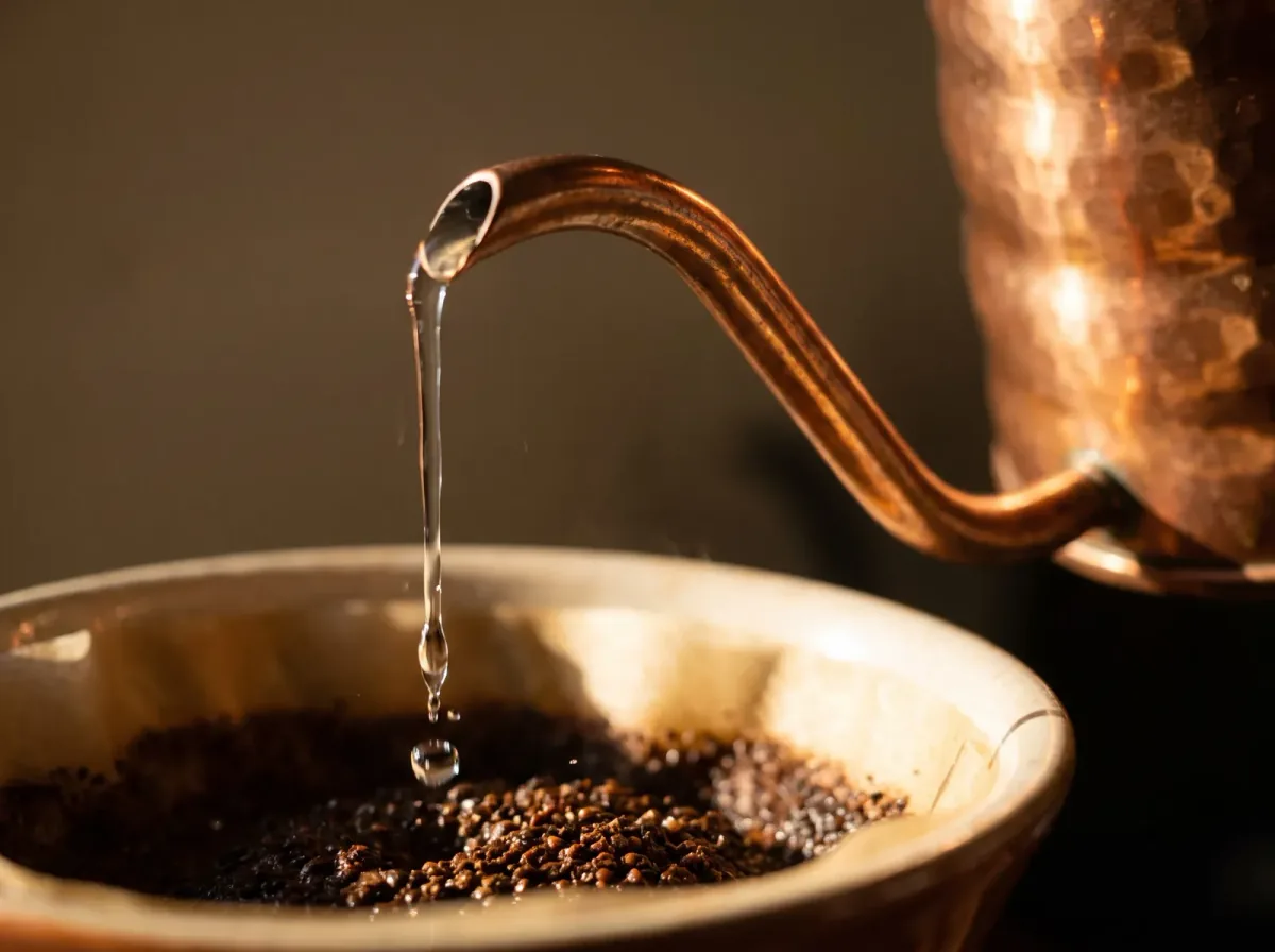 Pico de tetera de cobre deja caer un hilo de agua en gotas sobre el café molido de un gotero de cerámica