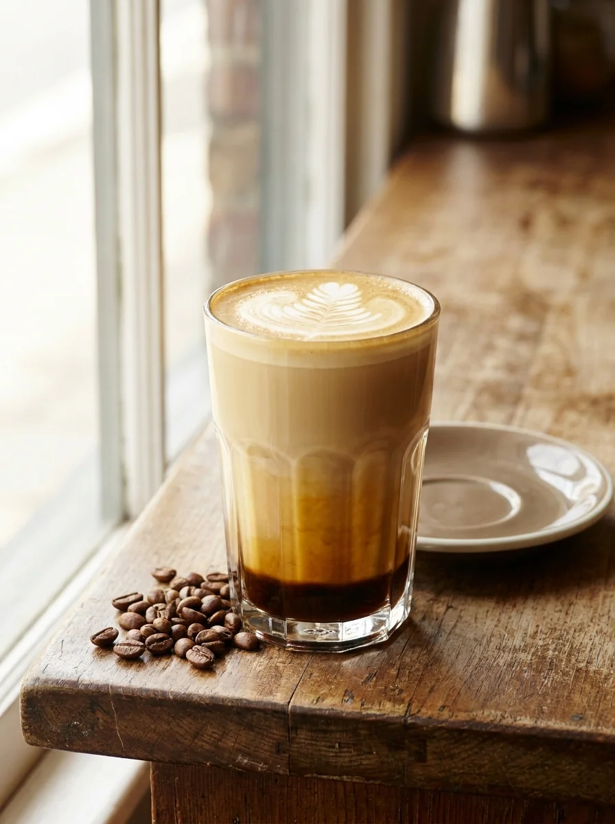 Latte en vaso alto de vidrio, con la transición de color entre el espresso del fondo y la leche