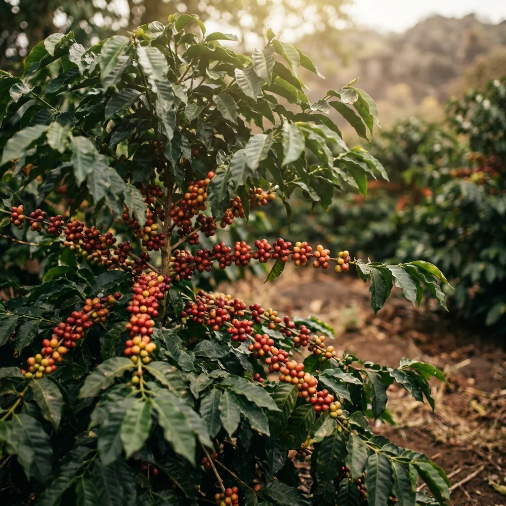 Planta de café cargada de cerezos en Colima