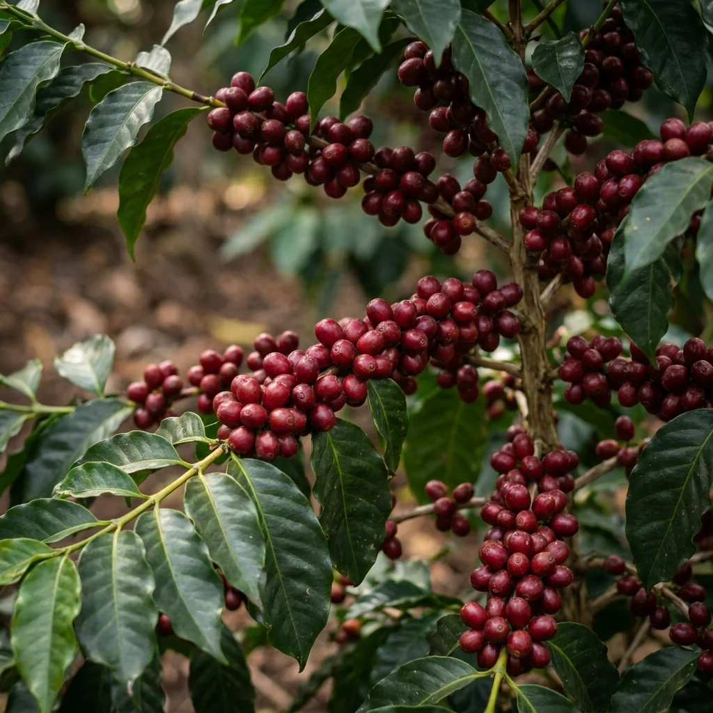 Planta de café con cerezos maduros en el Estado de México