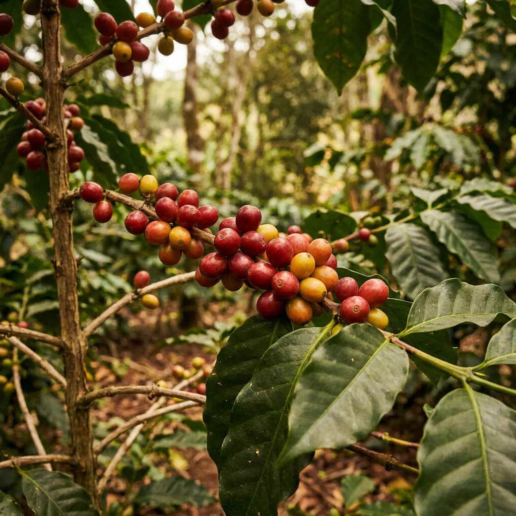 Racimo de cerezos de café en la rama, en distintos grados de maduración