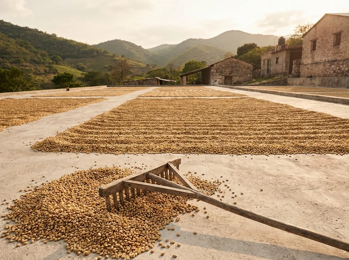 Patio de beneficio con grano de café extendido en la Huasteca potosina